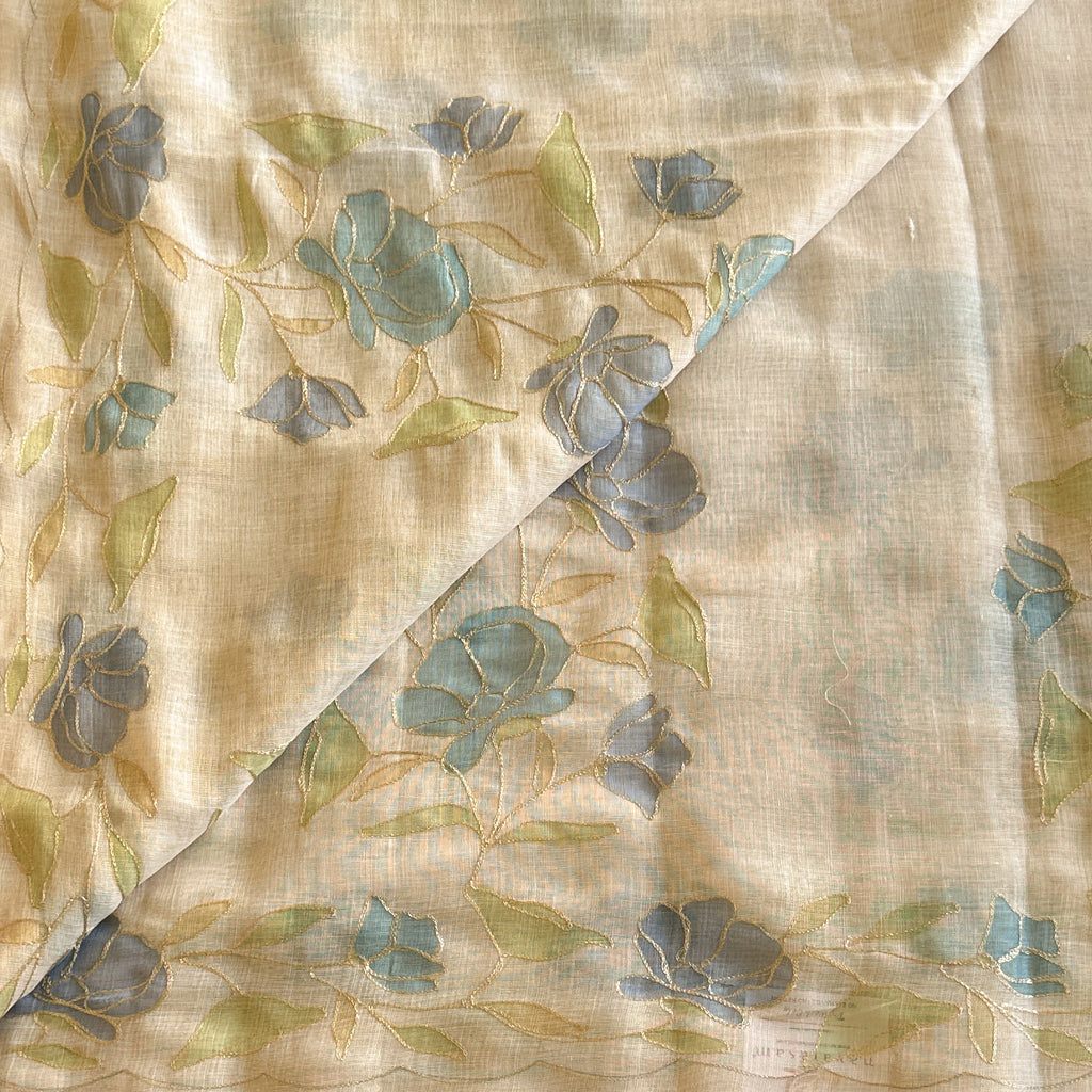 Light Beige Sheer Saree Powder Blue Floral Gold Outline Border