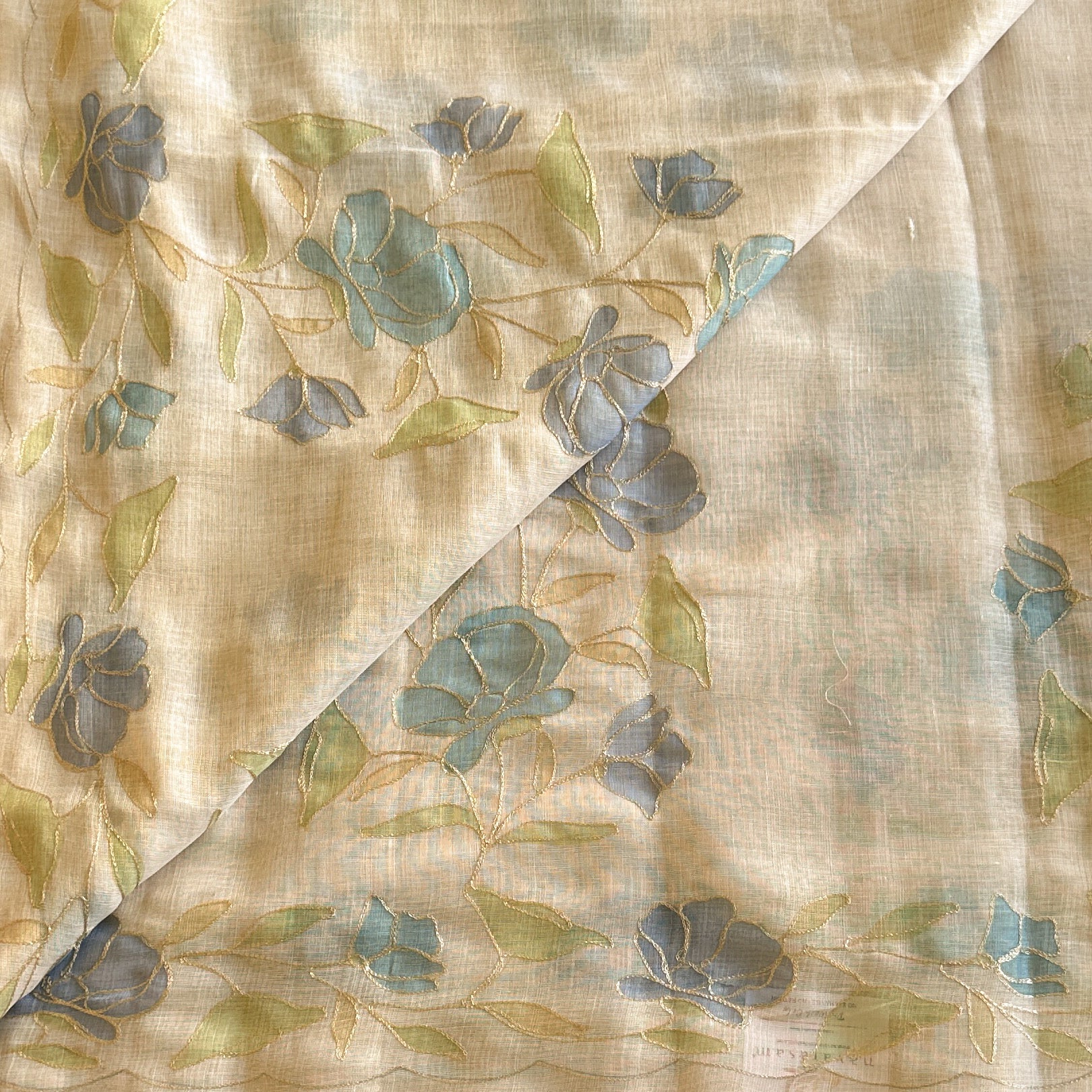 Light Beige Sheer Saree Powder Blue Floral Gold Outline Border