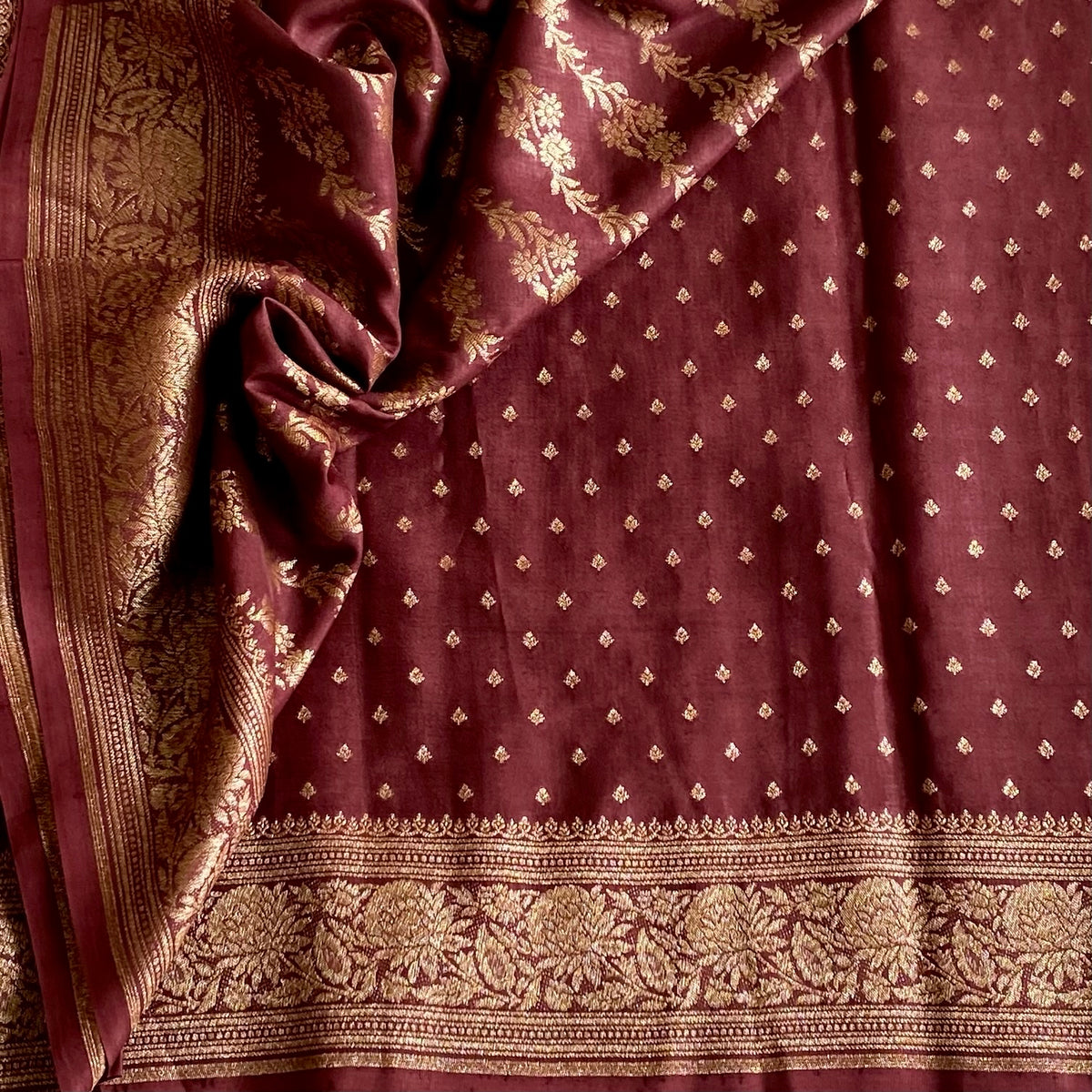 Burgundy Brown Banarasi Crepe Silk Saree With Antique Gold Brocade Pallu