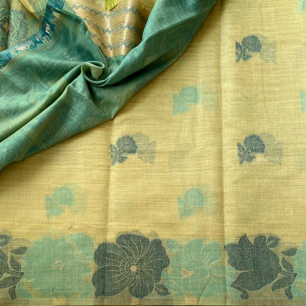 Pistachio Teal Floral Tussar Cotton With Tassel Pallu For Casual