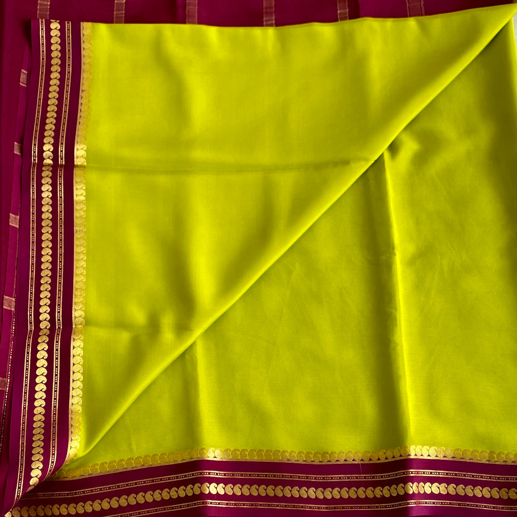 Stunner Green Mysore Crepe Silk Saree With Deep Magenta Pallu And Gold Border