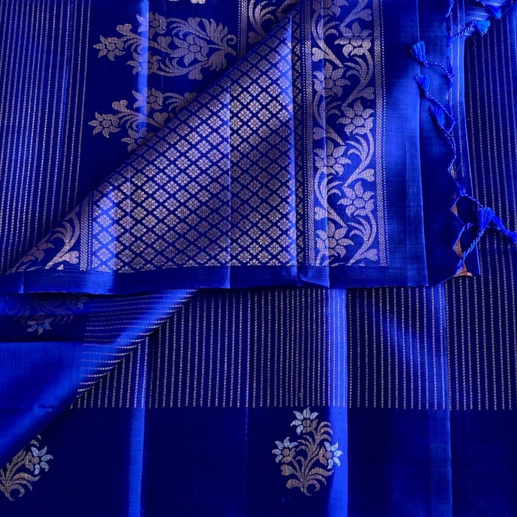 Royal Blue Designer Pure Silk Saree With Champagne Gold Zari