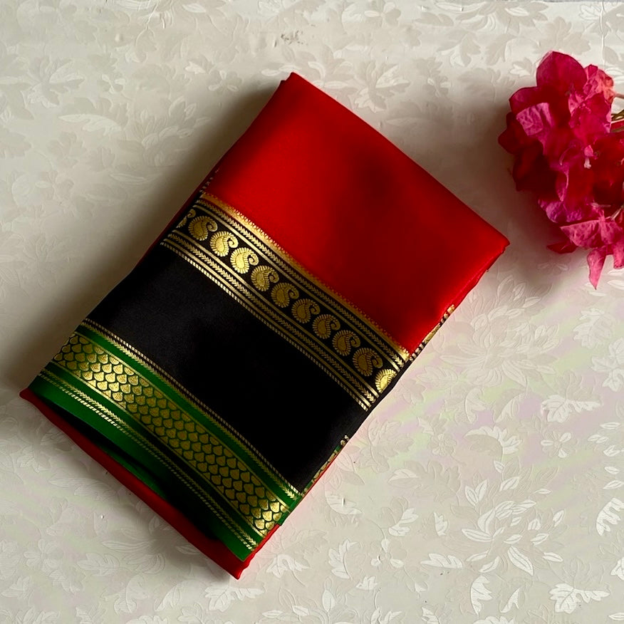 Scarlet Red Lightweight Mysore Crepe Silk Saree With Jet Black Border