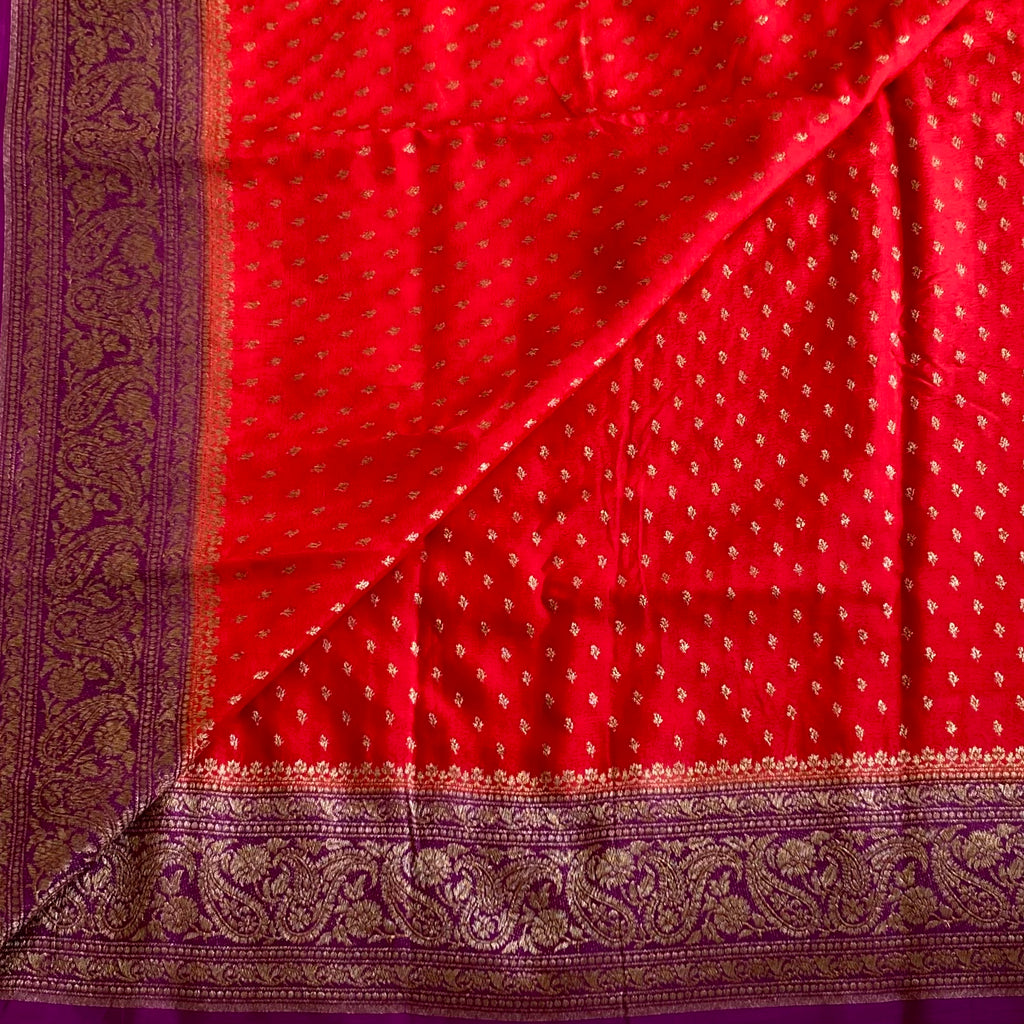 Scarlet Red Banarasi Crepe Silk Saree With Royal Purple Pallu