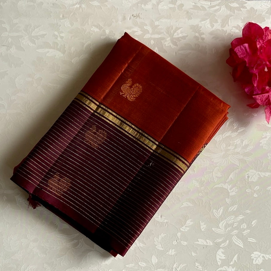 Brick Red Designer Pure Silk Saree With Deep Maroon Pallu
