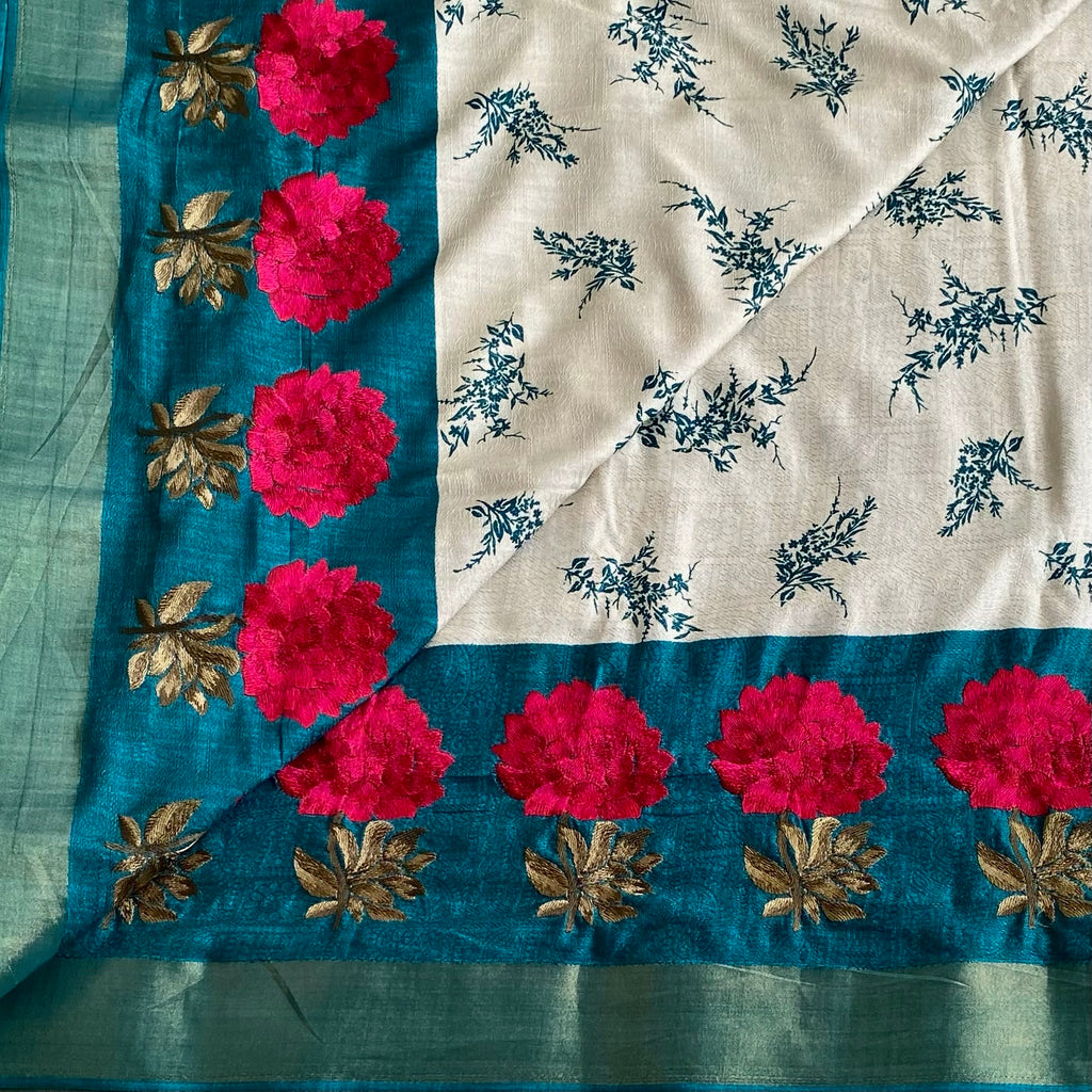 Ivory Softest Tussar Silk Saree With Teal Blue Pallu And Floral Embroidery