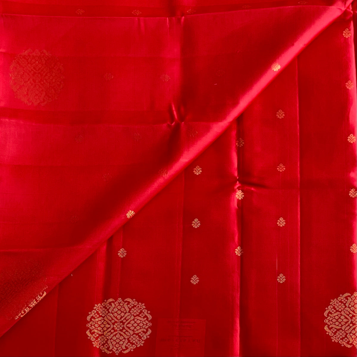 Scarlet Orangish Red Designer Pure Silk Saree With Deep Wine Pallu