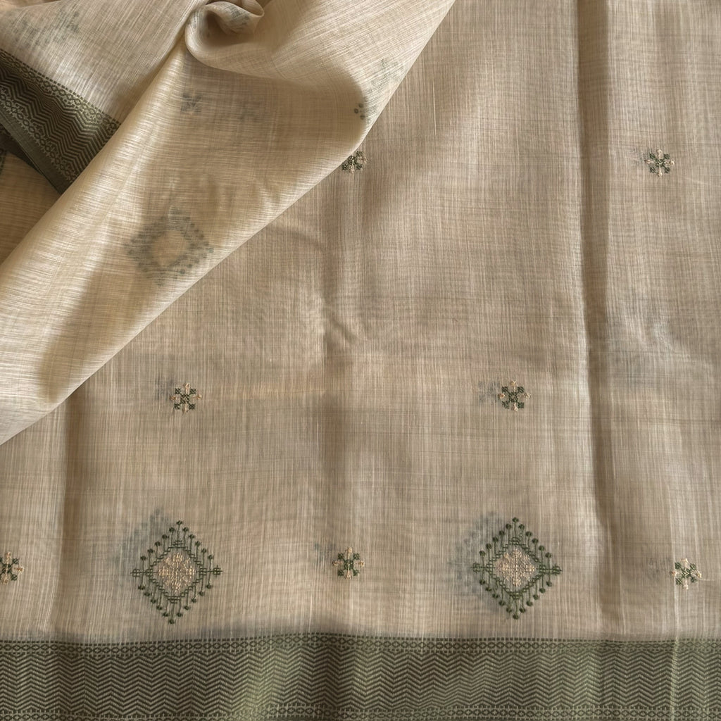 Ivory Olive Diamond Motif Saree with Chevron Border Subtle Gold Zari