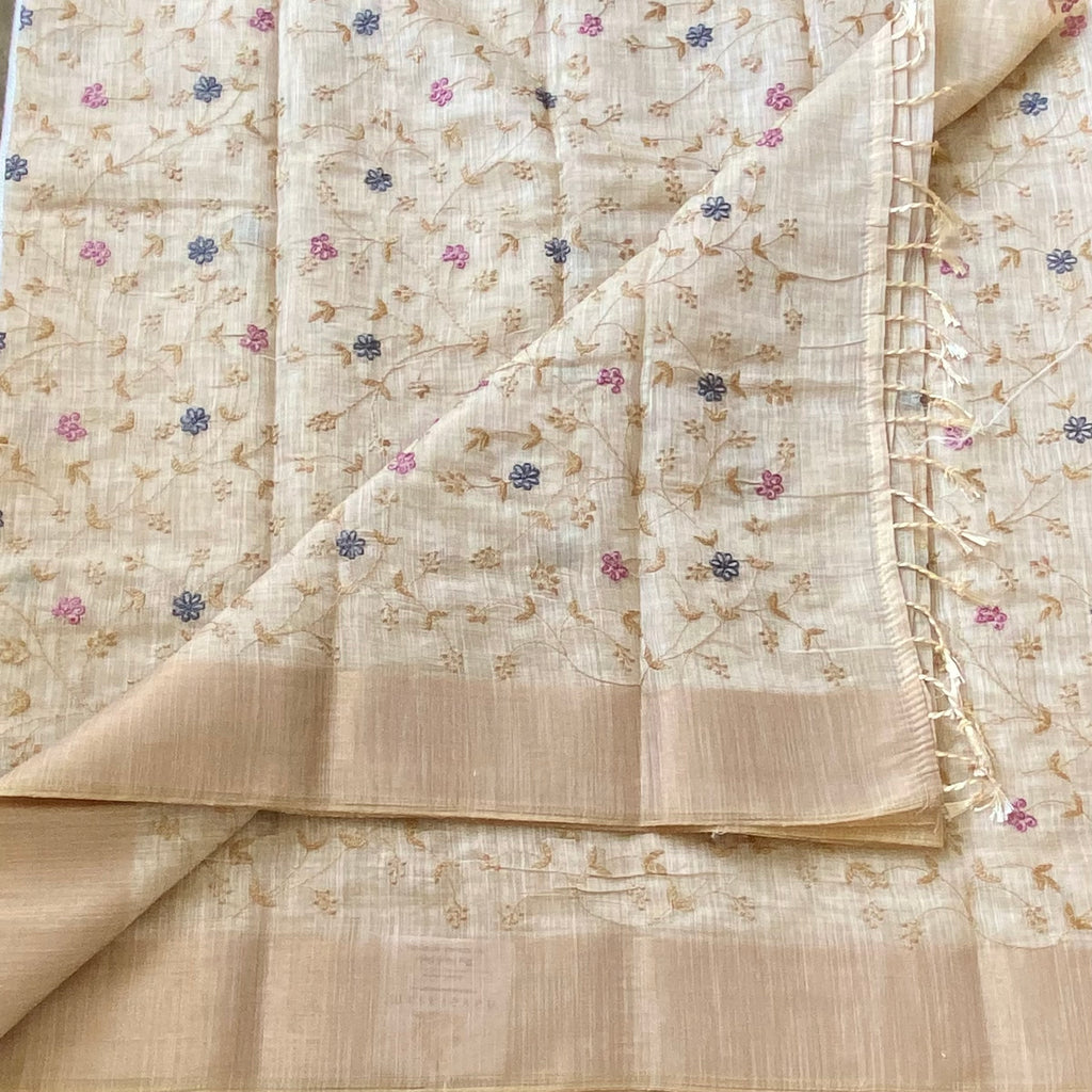 Ivory Beige Floral Embroidered Saree Taupe Border Gold Zari Elegant