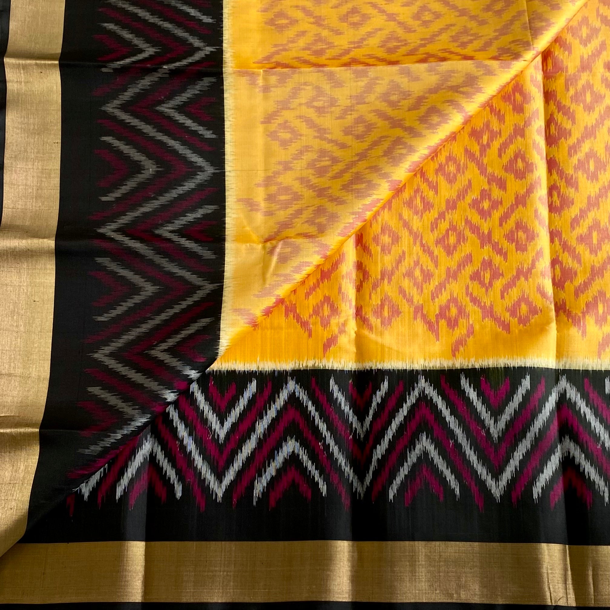 Dreamy Sunflower Yellow Designer Pure Ikkat Silk With Jet Black