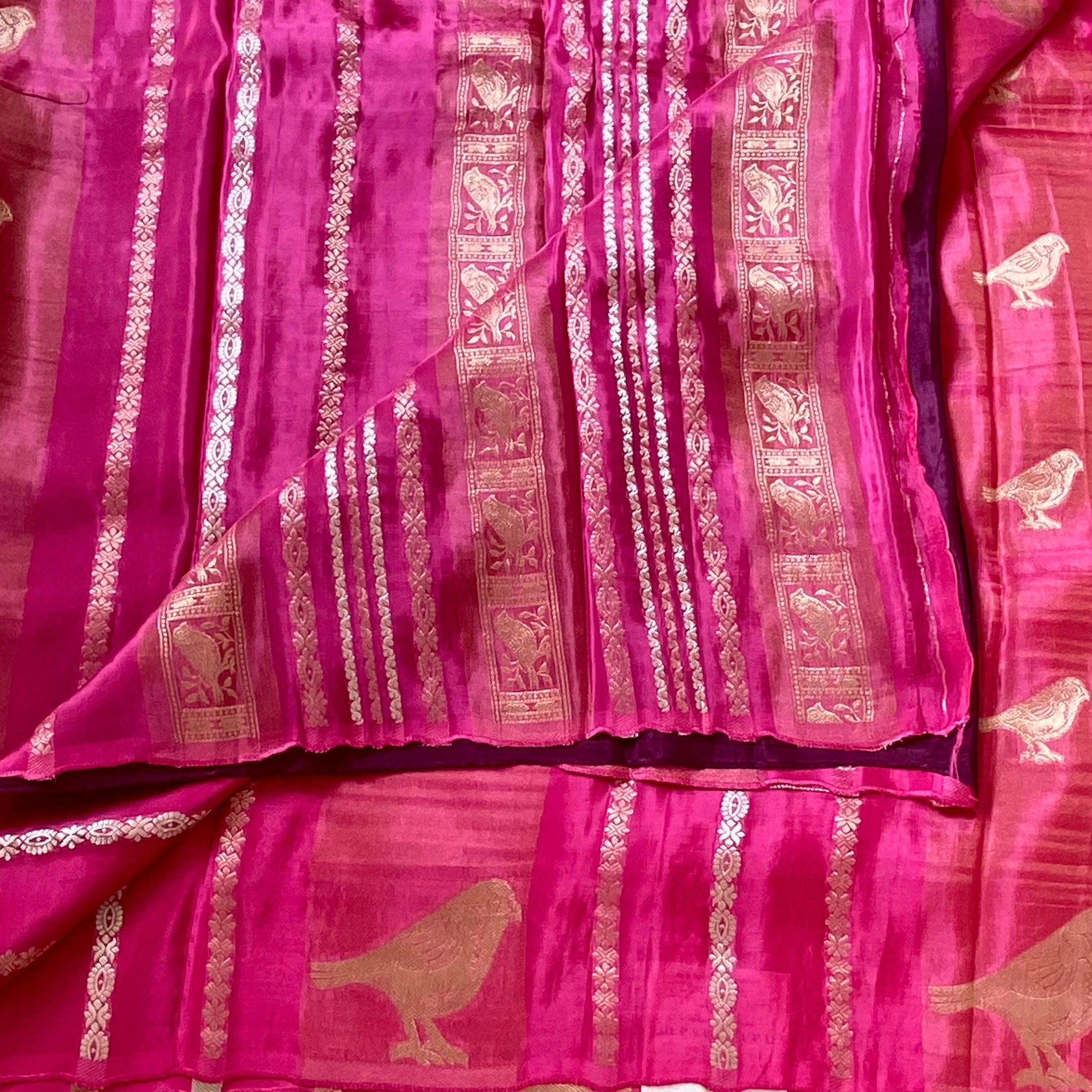 Vibrant pink with deep magenta soft crepe with quirky bird buttas