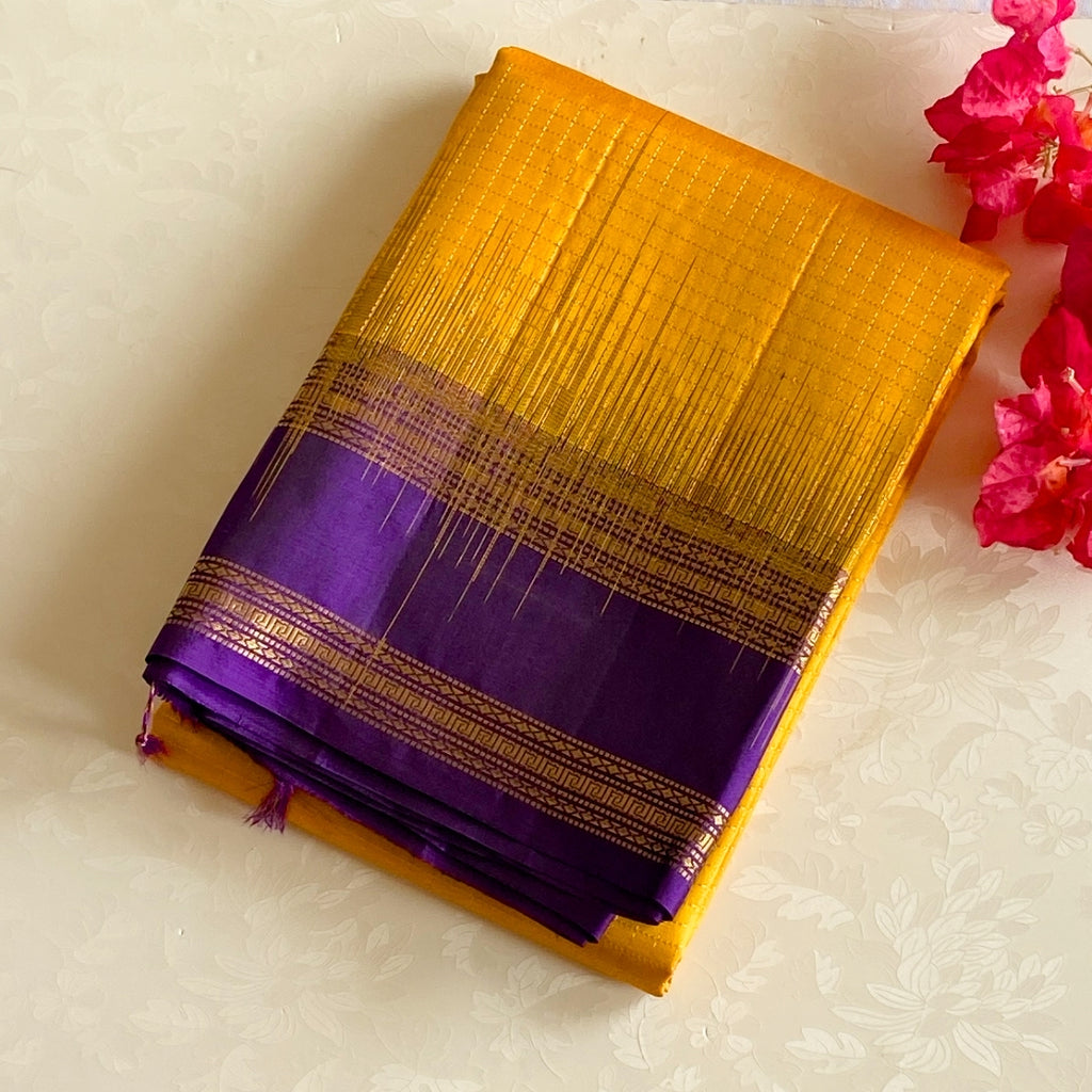 Deep Violet Silk Saree Marigold Yellow Gold Zari Paisley Border