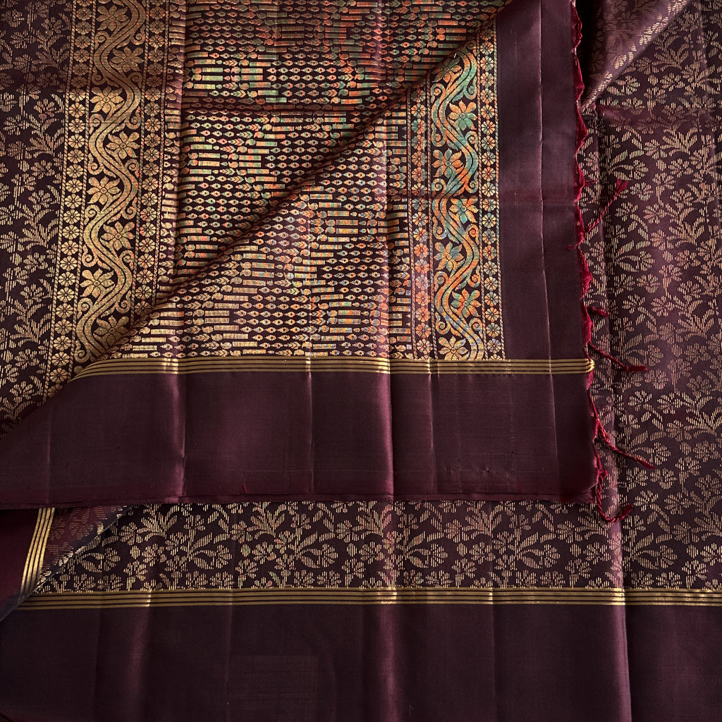 Burgundy Gold Zari Woven Saree with Floral Border and Pallu