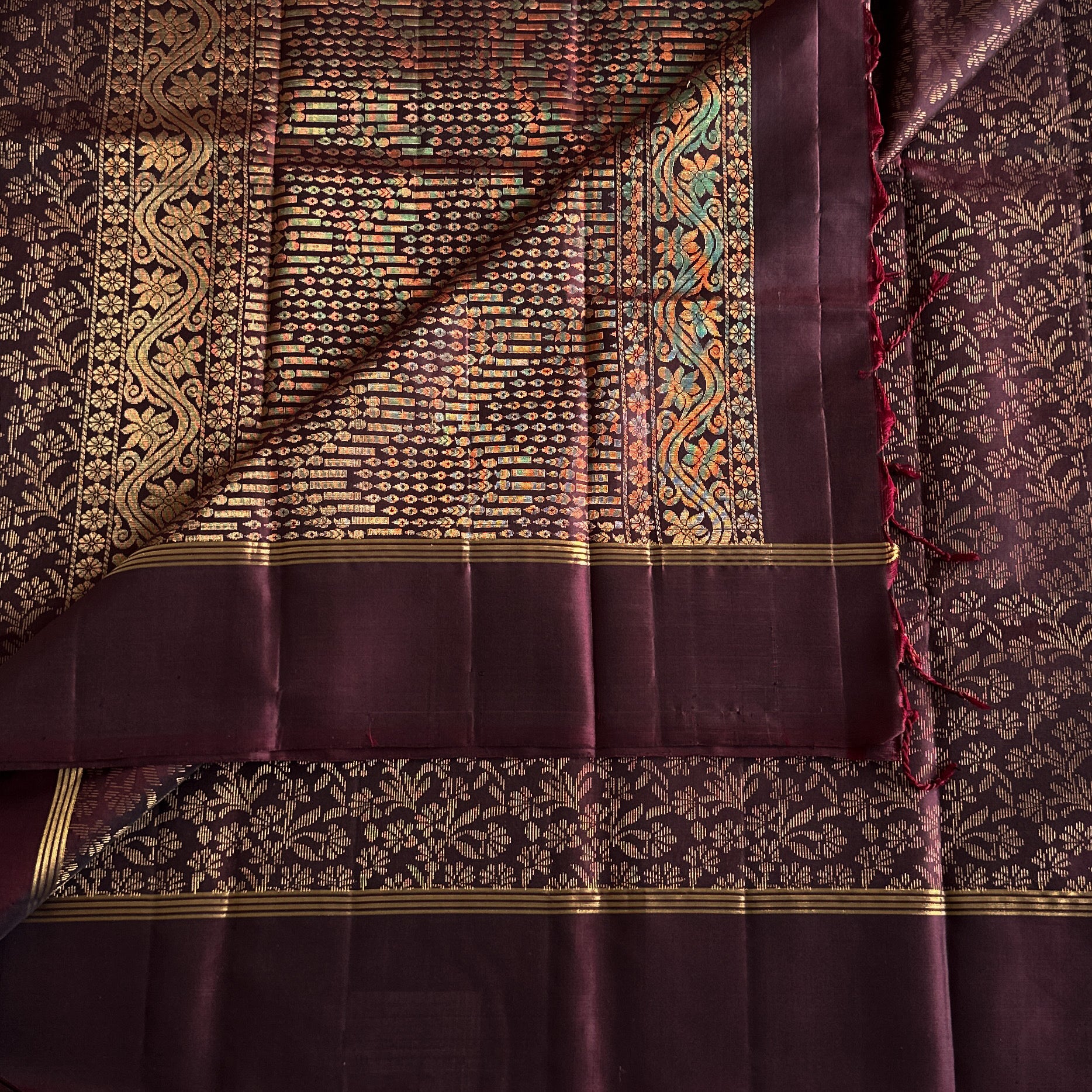 Burgundy Gold Zari Woven Saree with Floral Border and Pallu