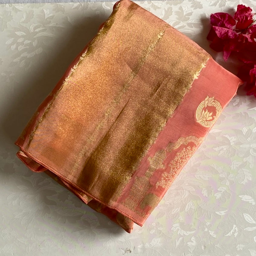 Pastel Rust Orange And Peach Soft Tussar Silk Saree With Antique Gold Zari Work