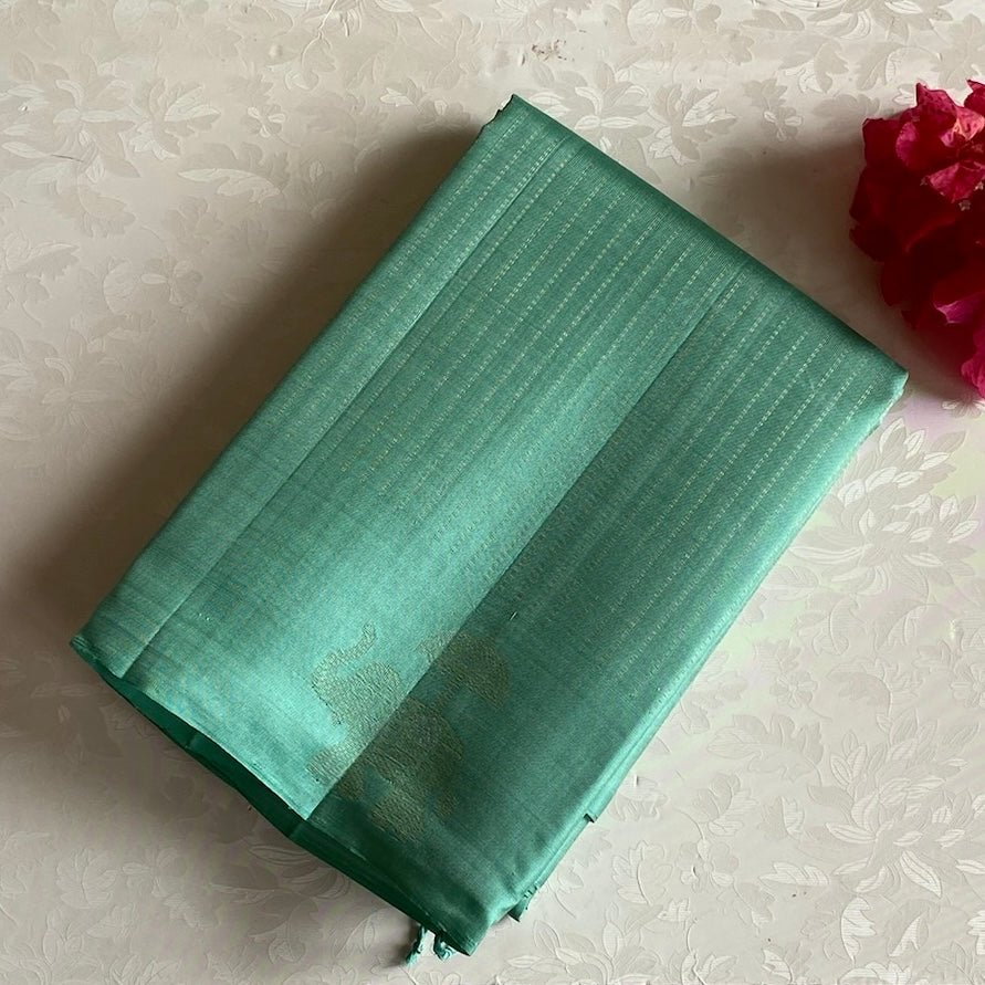 Mint Green Designer Pure Silk Saree With Elephant Zari Diamond Pallu