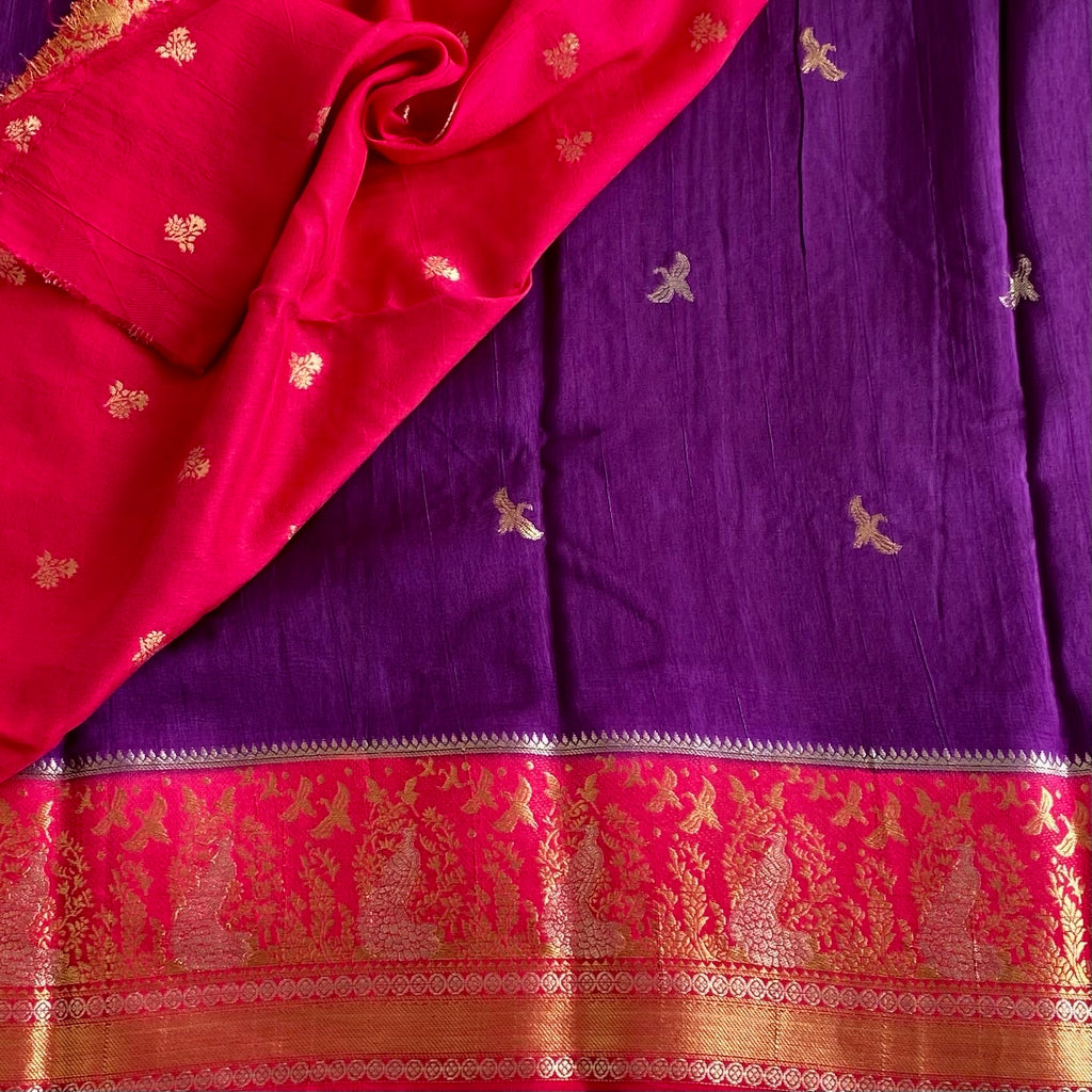 Royal Purple Soft Tussar Silk Saree With Rani Pink Pallu