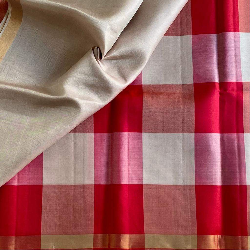 Champagne Beige & Rani Pink Checkered Designer Pure Silk Saree