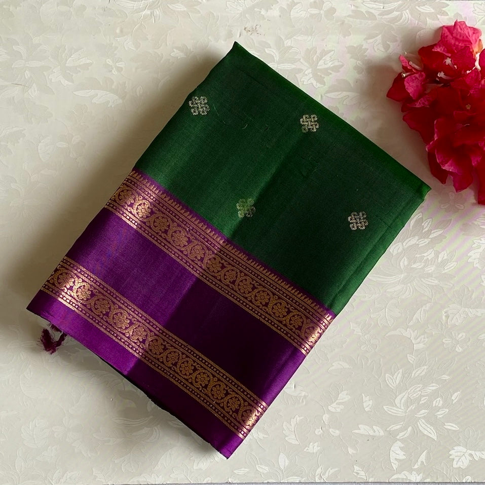 Bottle Green Kanchi Pure Silk With Royal Purple Pallu & Double Zari Borders