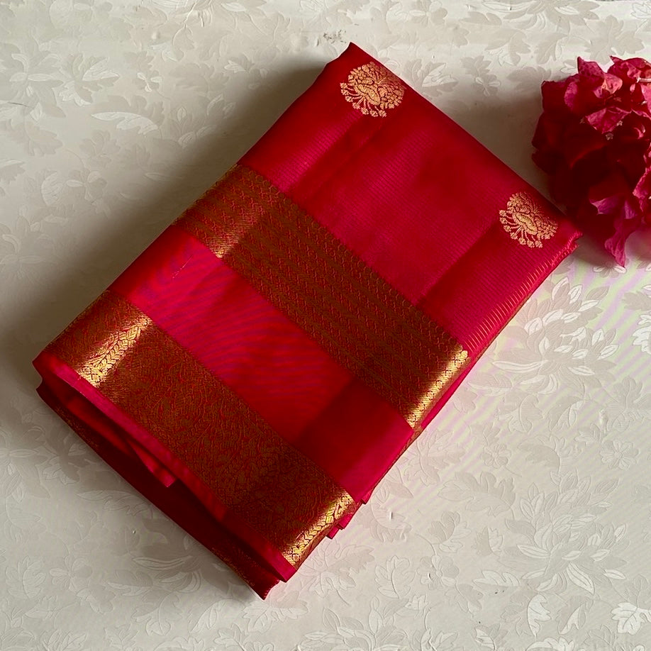 Tomato Pink Designer Pure Silk Saree With Antique Gold Brocade