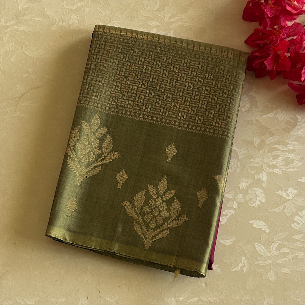 Sage Green Silk Saree Antique Gold Brocade Magenta Pallu Design