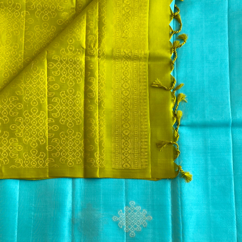 Sea Blue Kollam Designer Pure Silk Saree With Lime Green Pallu