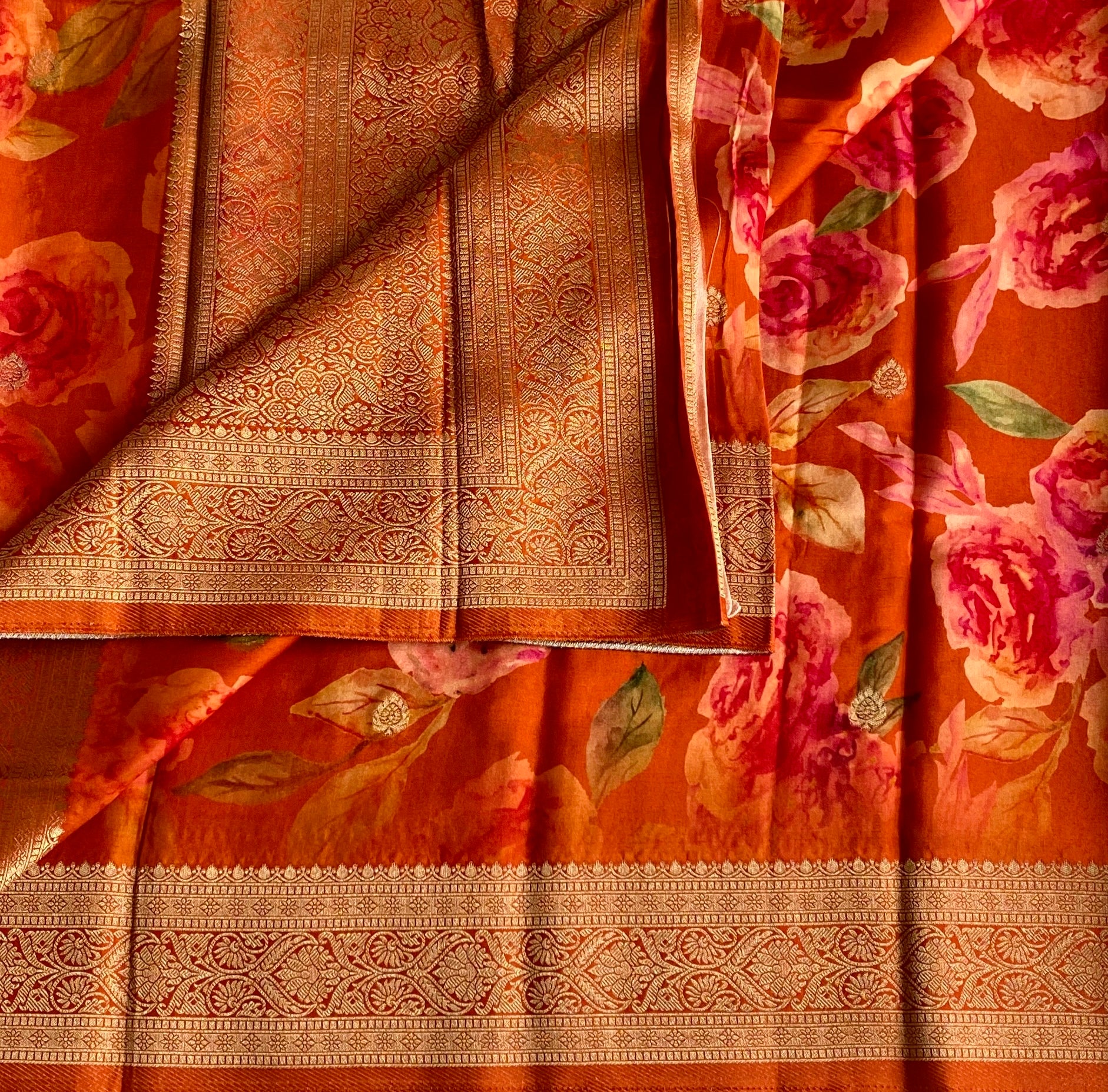 Burnt Orange Jute Tussar Silk With Antique Zari Pallu & Dreamy Prints