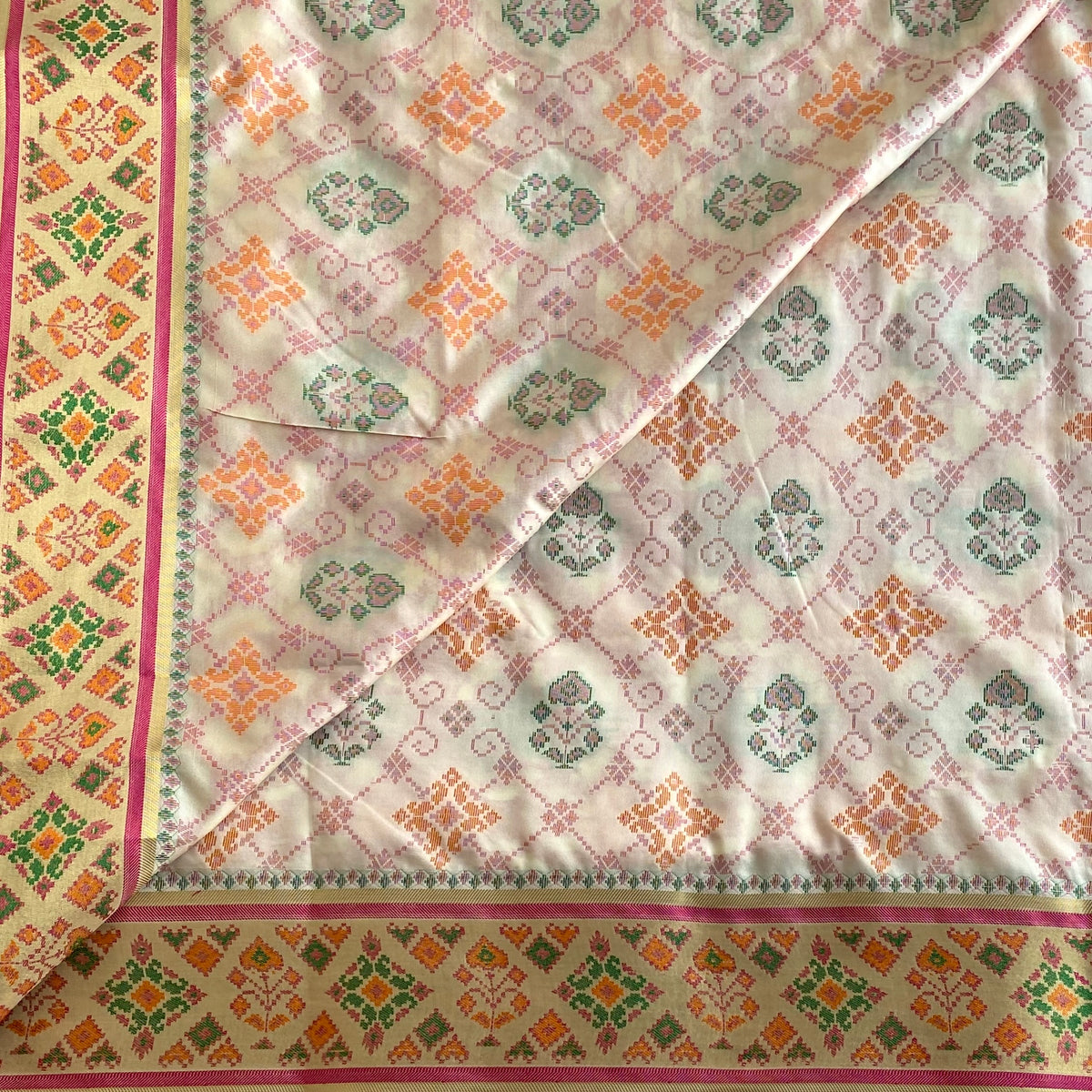 Ivory Patola Printed Soft Tussar Silk Saree With Rose Pink Pallu