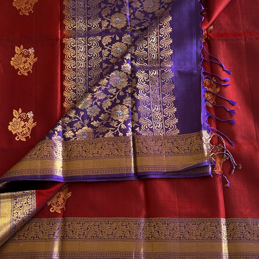 Maroon Purple Zari Saree With Gold Brocade Border For Weddings