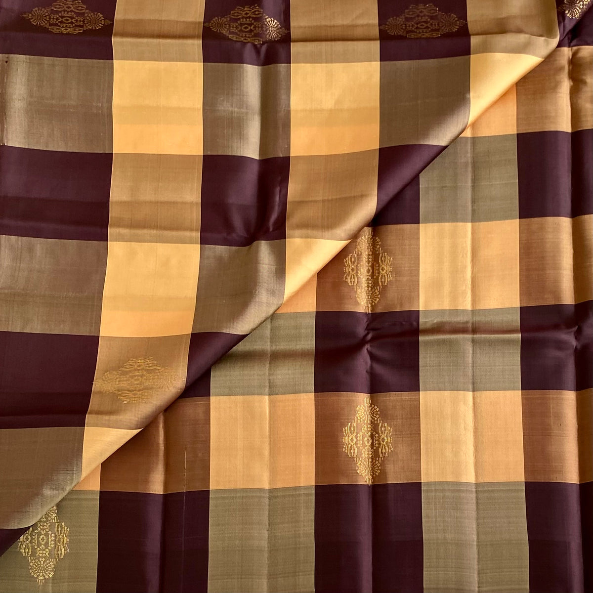 Antique Gold Designer Pure Silk Saree With Deep Plum Checks