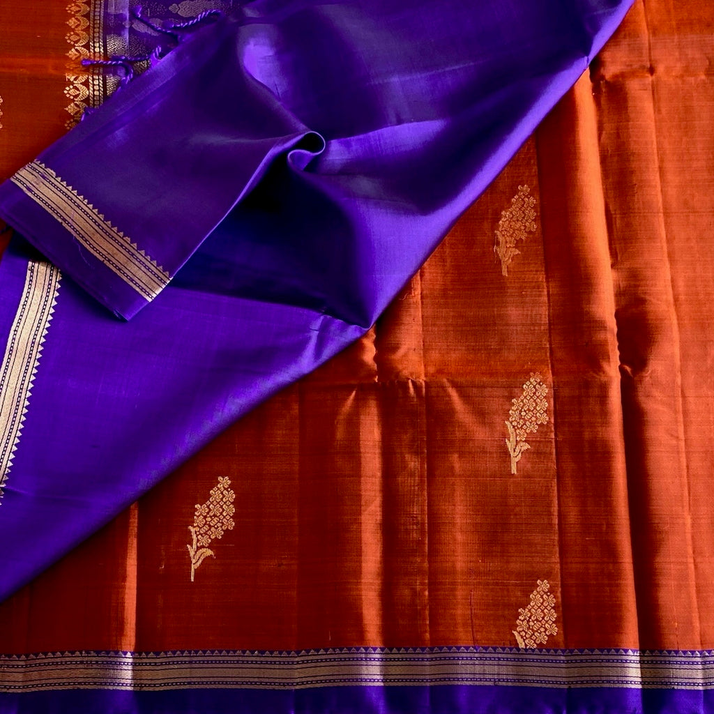Burnt Orange Designer Pure Silk Saree With Royal Purple Pallu