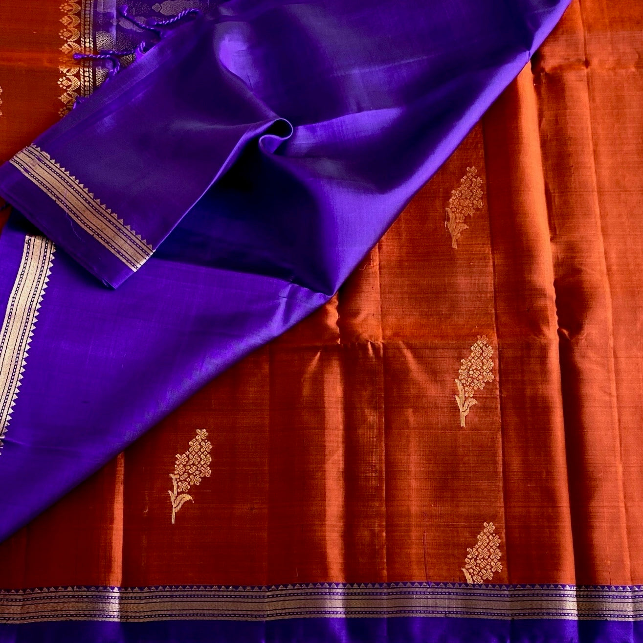 Burnt Orange Designer Pure Silk Saree With Royal Purple Pallu