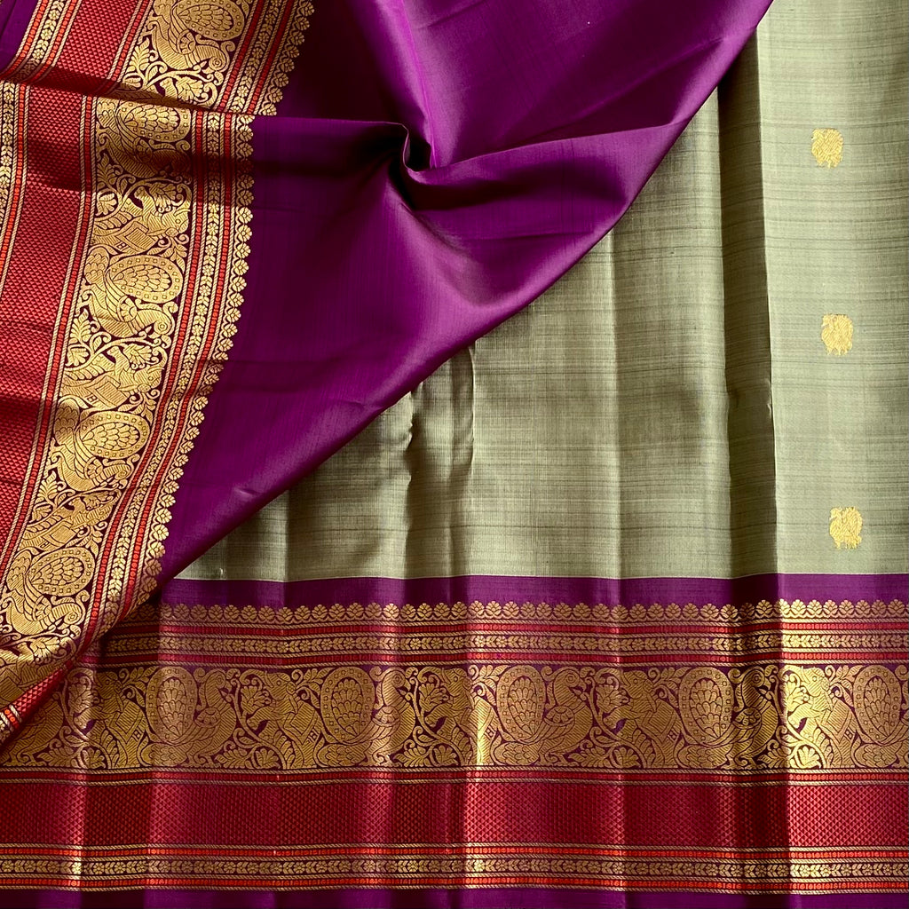 Sage Green Kanjeevaram Pure Zari Silk Saree With Royal Purple Pallu