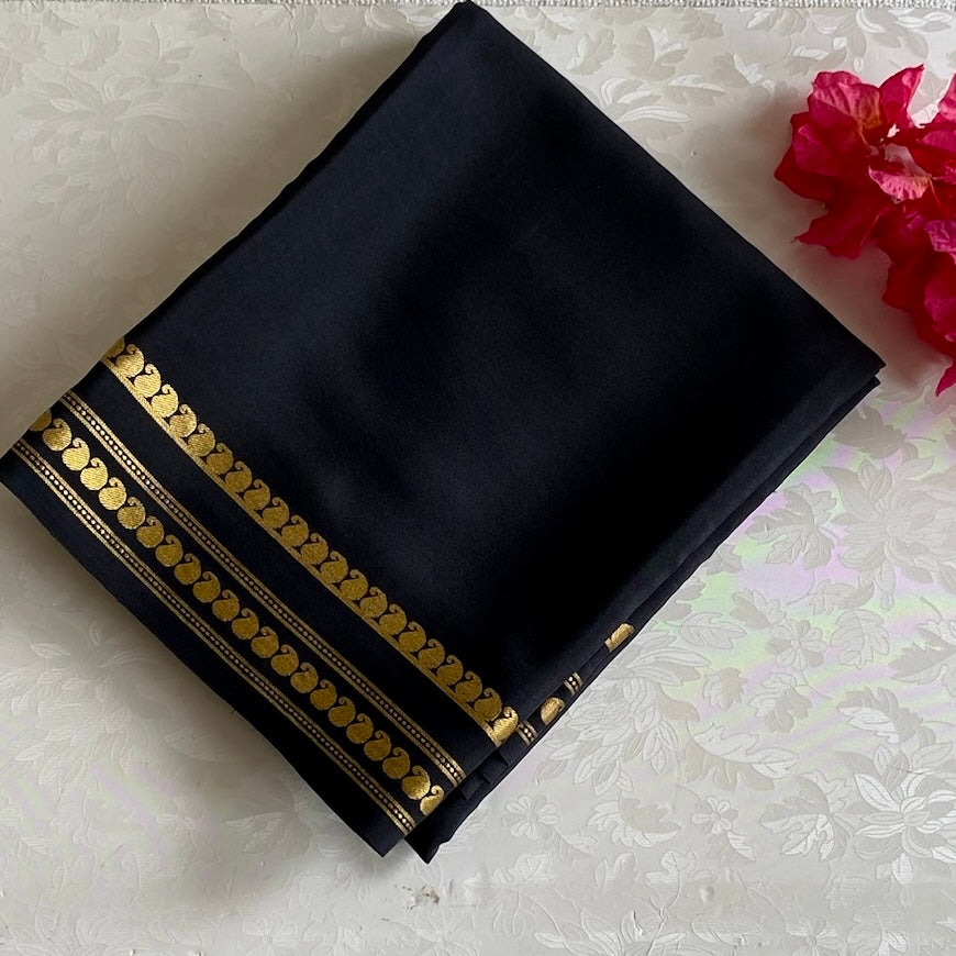 Jet Black Mysore Crepe Silk Saree With Antique Gold Border