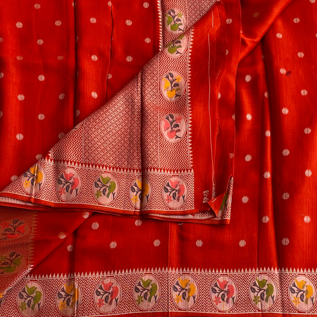 Vermilion Red Soft Tussar Silk Saree With Mustard Yellow Border
