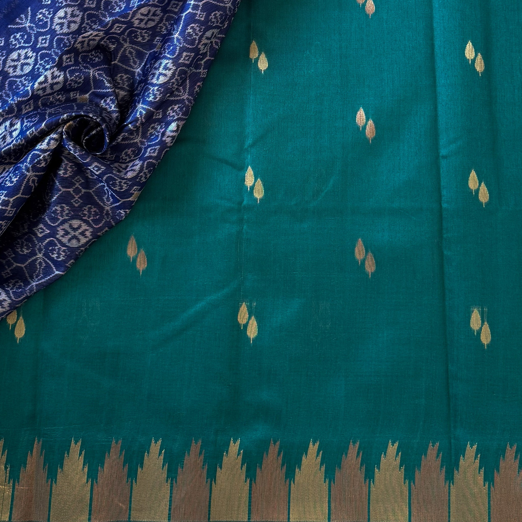 Teal Silk Saree Royal Blue Pallu Gold Zari Ikat Border
