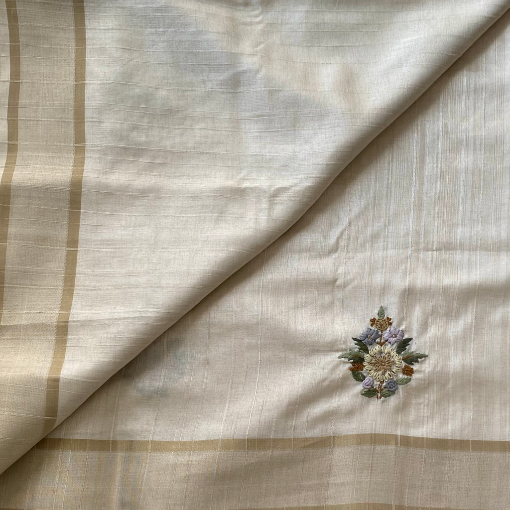 Cream Ivory Floral Embroidered Silk Saree with Gold Border Elegant