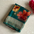 Teal Blue Soft Jute Silk Saree With Rani Pink Floral Pallu