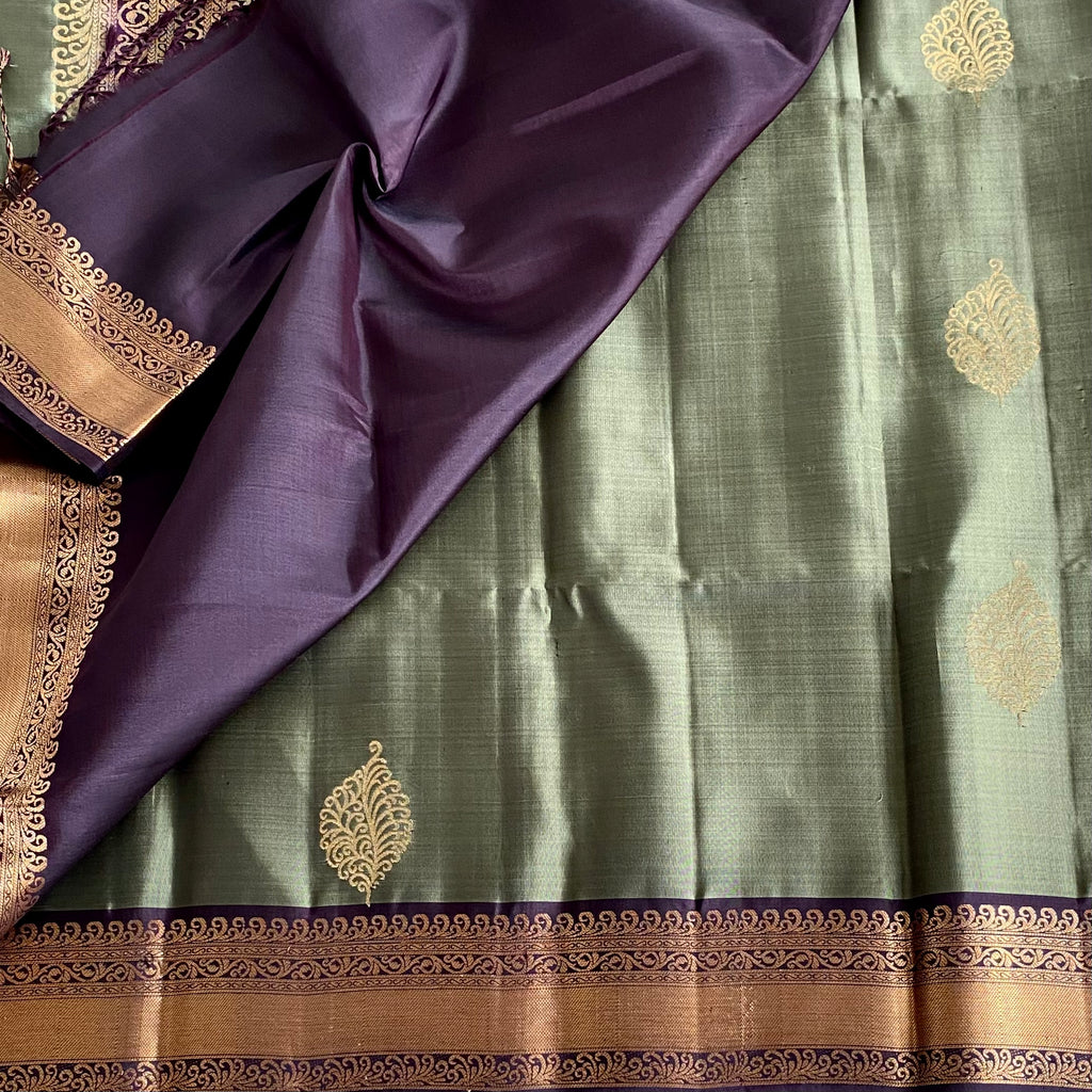Olive Green Designer Pure Silk Saree With Deep Maroon Pallu