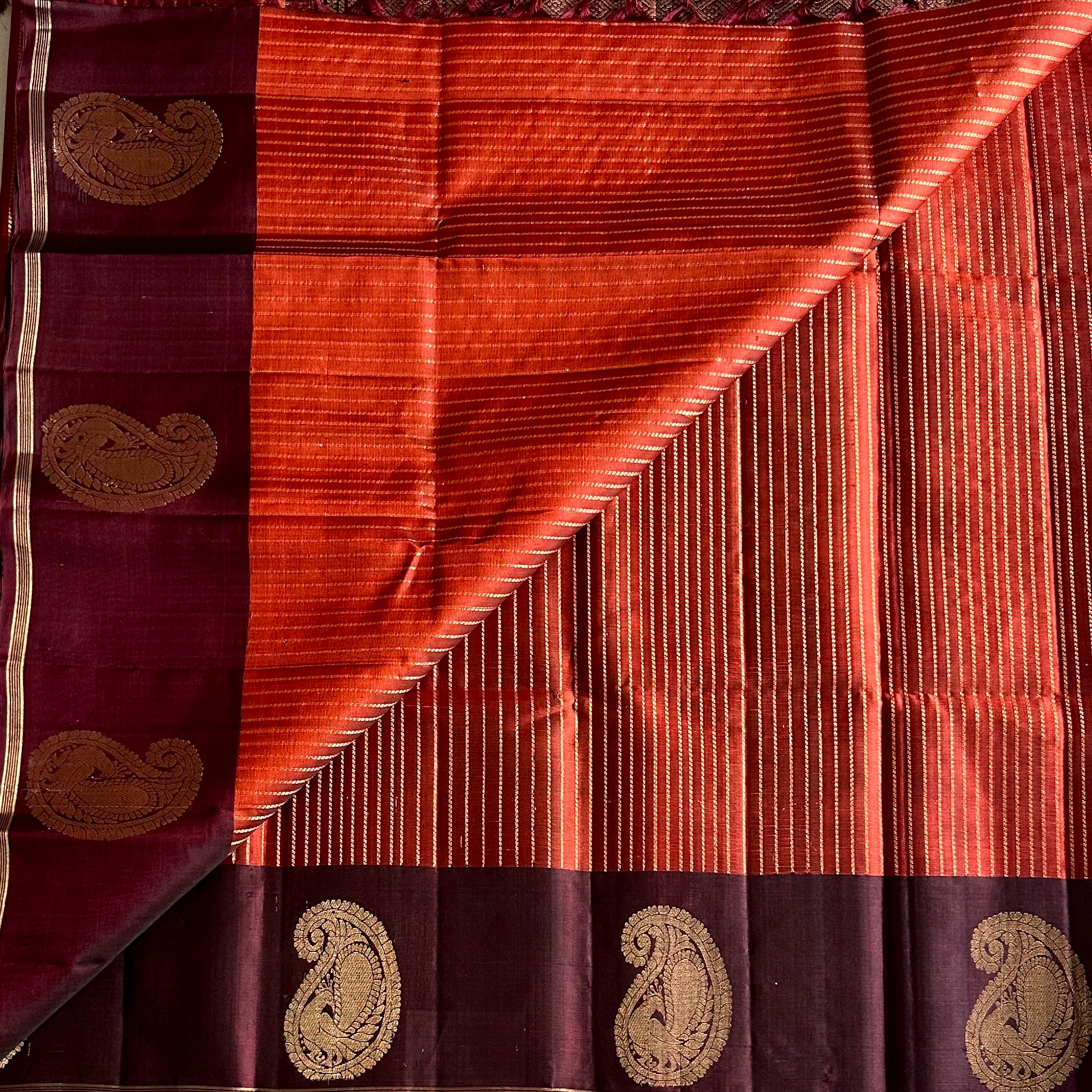 Burgundy Gold Brocade Diamond Saree With Paisley Border For Weddings