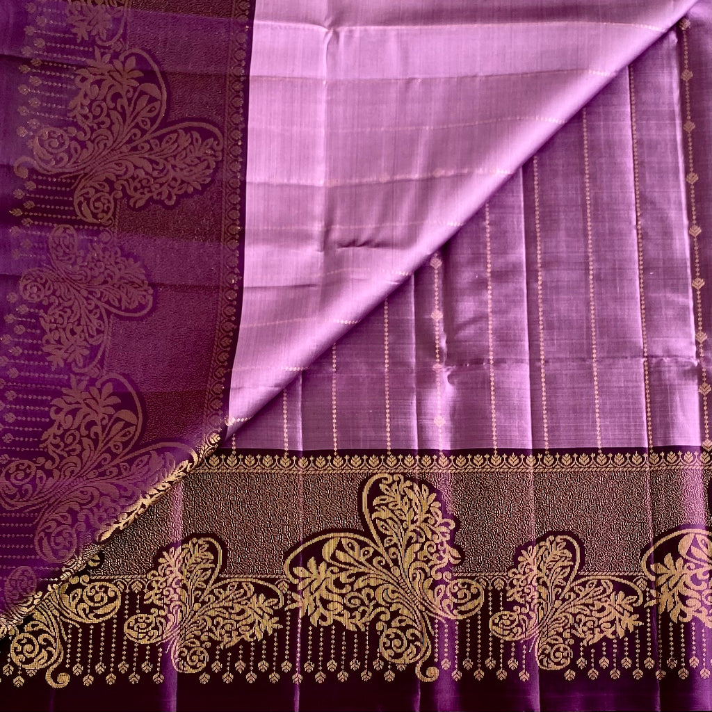 Metallic Lavender Designer Pure Silk Saree With Deep Plum Pallu