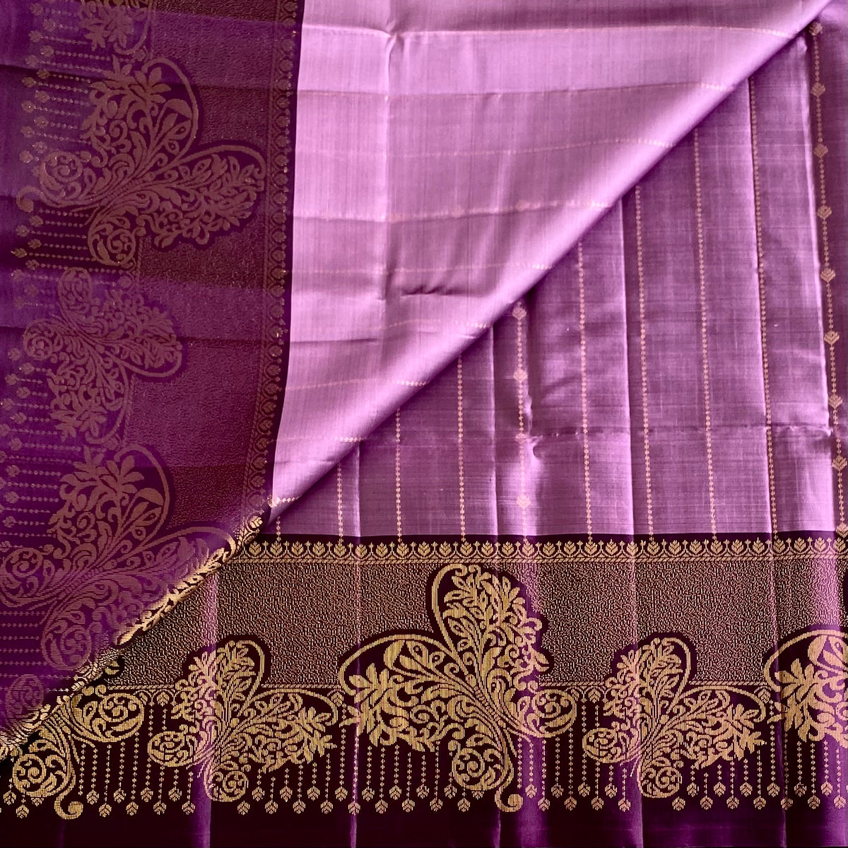 Metallic Lavender Designer Pure Silk Saree With Deep Plum Pallu