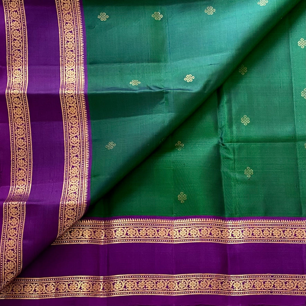 Emerald Green Designer Pure Silk Saree Royal Purple Zari Border