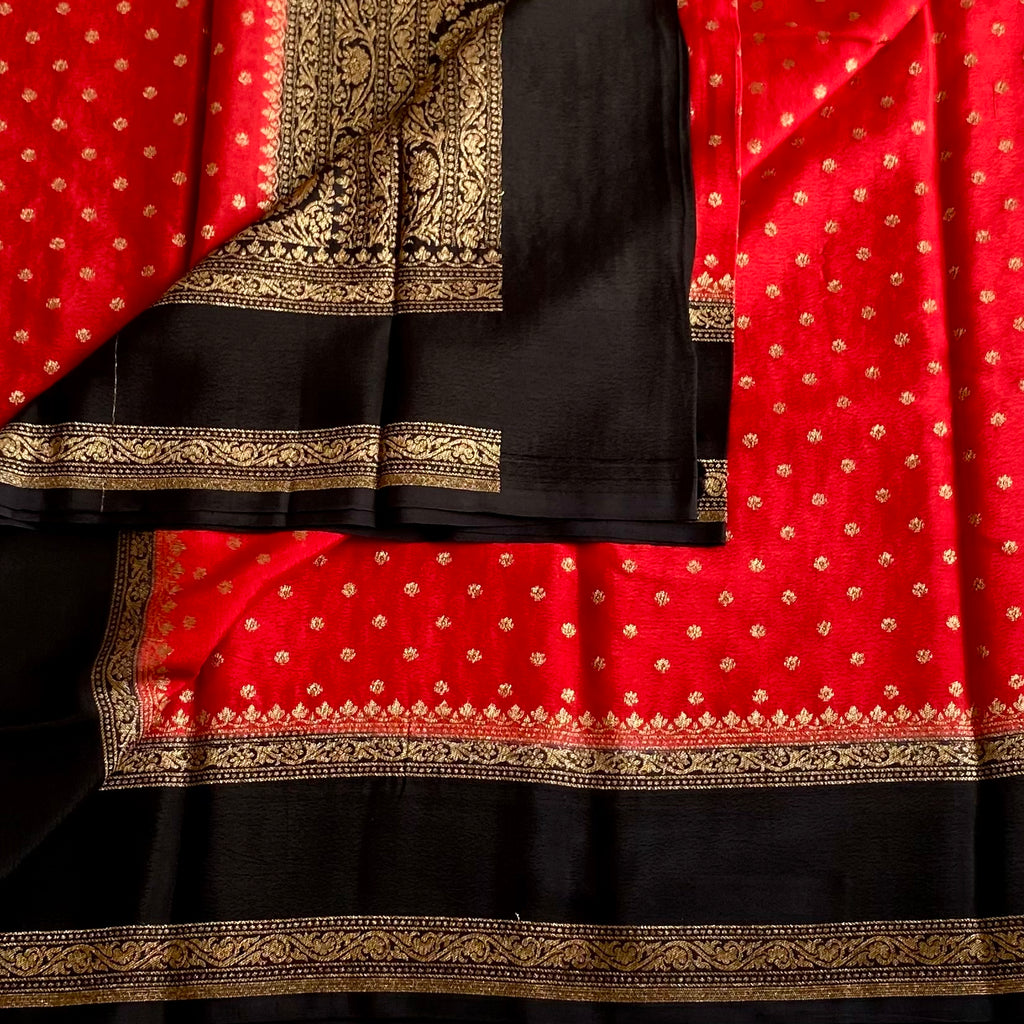 Crimson Red Banarasi Crepe Silk Saree With Jet Black Pallu