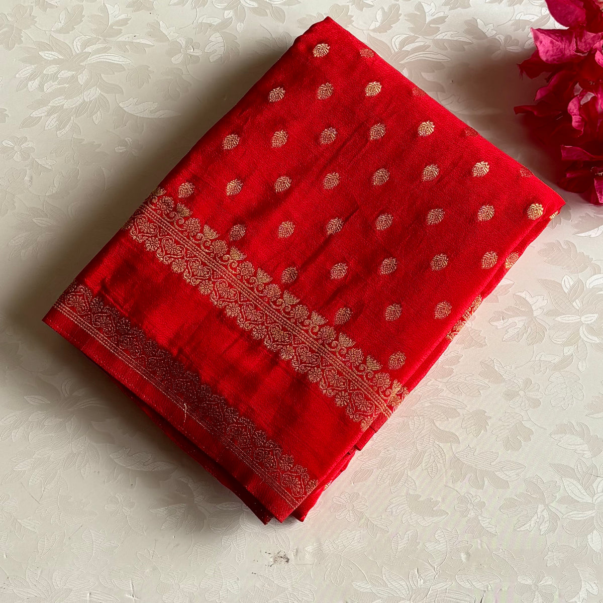 Crimson Red Soft Tussar Silk Saree With Antique Gold Brocade Pallu