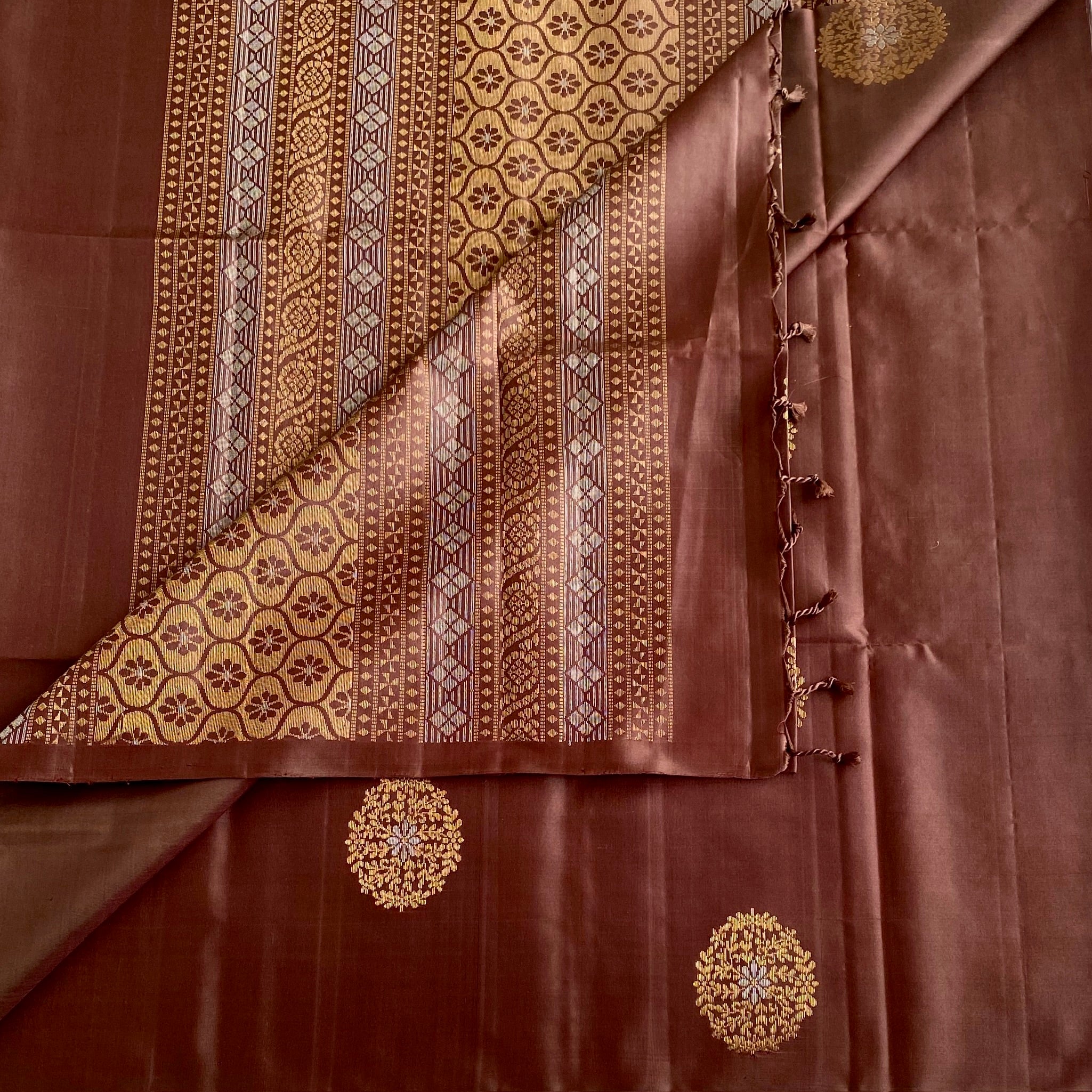 Deep Chestnut Brown Designer Pure Silk Saree With Antique Gold Pallu