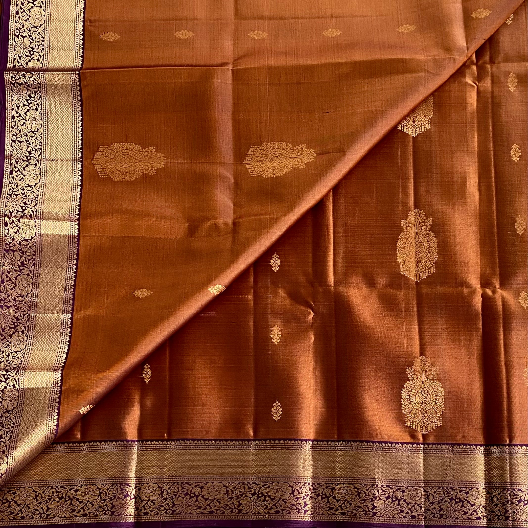 Burnt Orange Designer Pure Silk Saree With Plum Pallu And Zari
