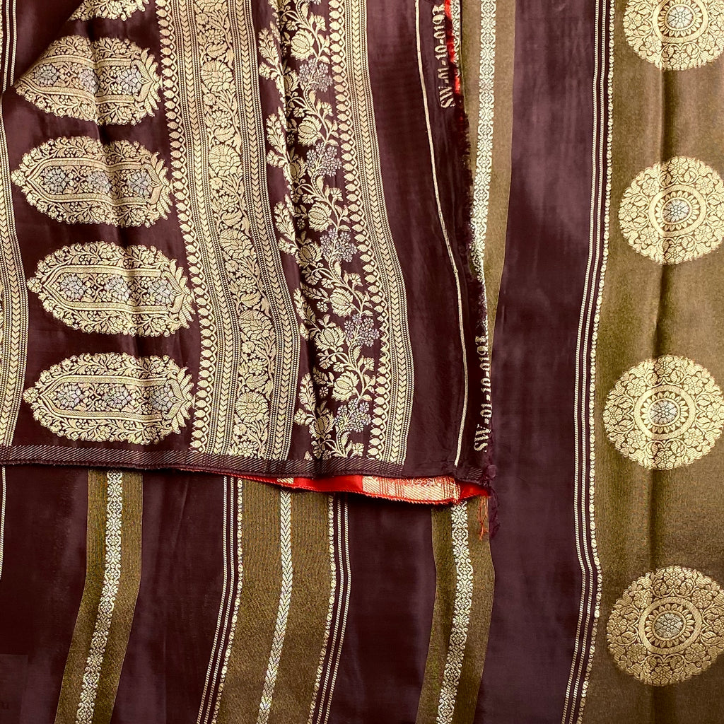 Deep Burgundy Soft Tussar Silk Saree With Antique Gold Plum Purple Pallu