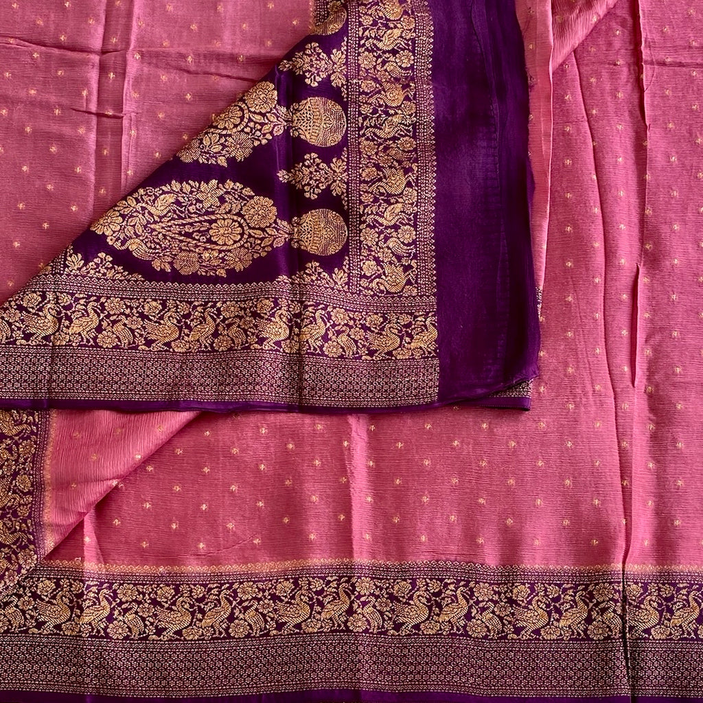 Rani Pink And Royal Purple Soft Tussar Silk Saree With Gold Zari