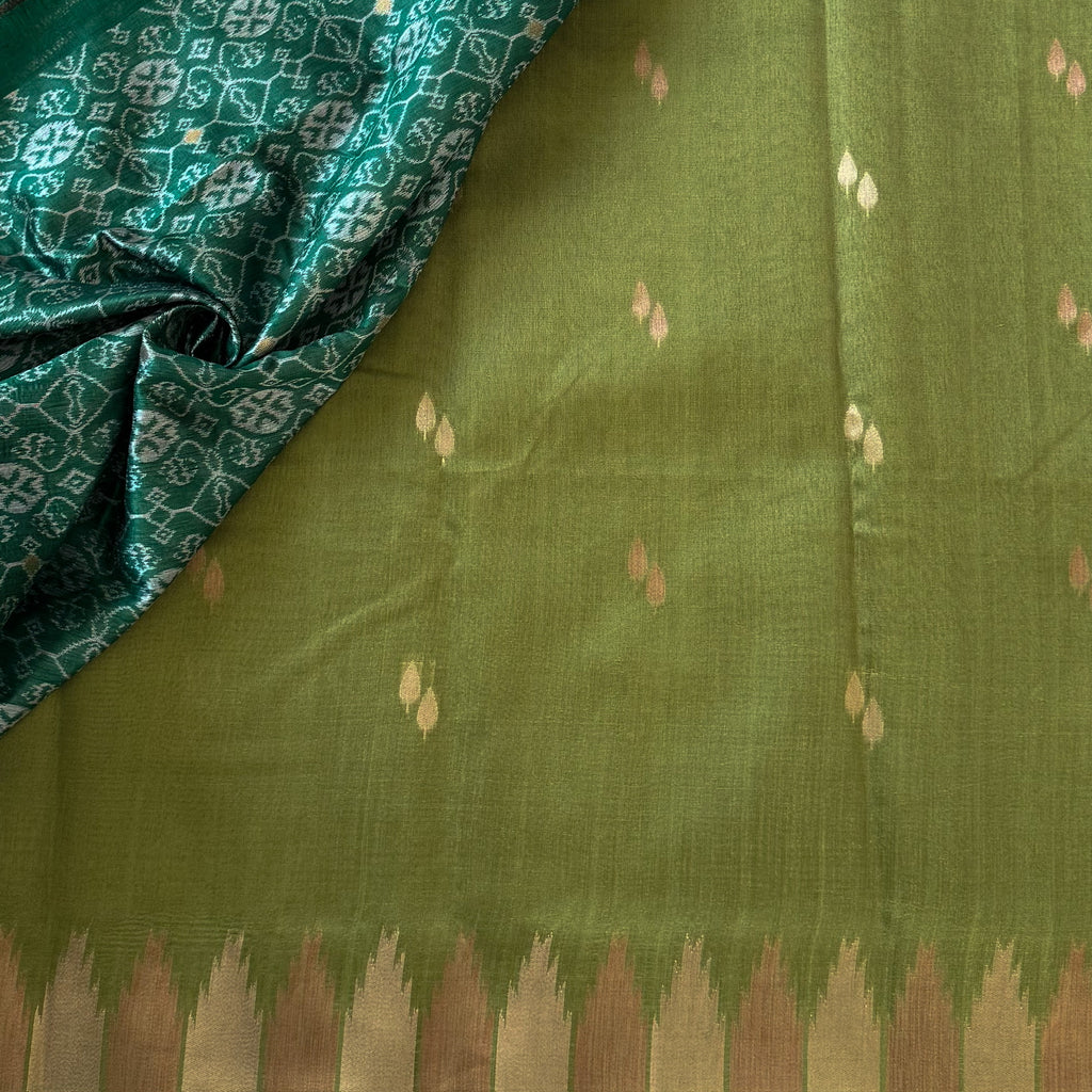 Traditional Emerald Olive Ikat Silk Saree Gold Butta Tassel Border